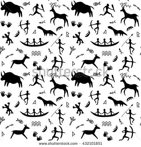 450x470 Vector Seamless Pattern With Cave Drawings Theme, Black