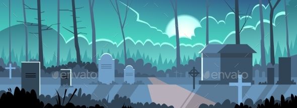 590x215 Halloween Banner Cemetery Graveyard Grave Stone Night Flat Vector