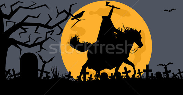 600x312 Headless Man Riding A Horse In A Cemetery Vector Illustration