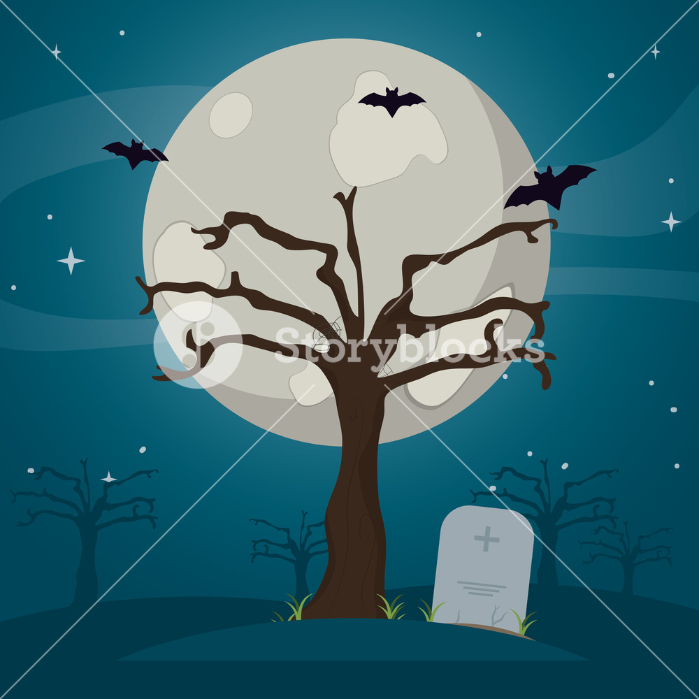 1000x1000 Tree With Bats And Stone Tablet In The Cemetery Vector