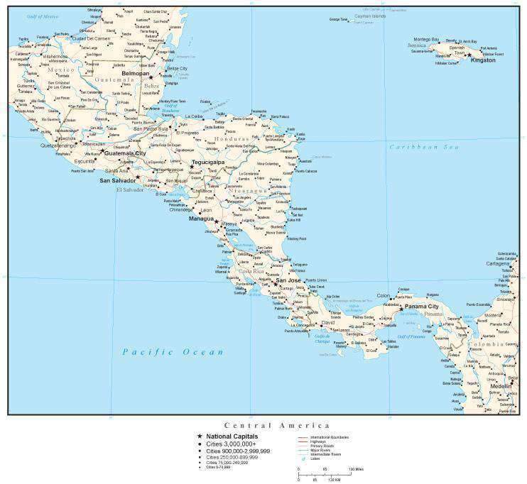 742x682 Central America Map With Countries, Cities, Roads And Water Features