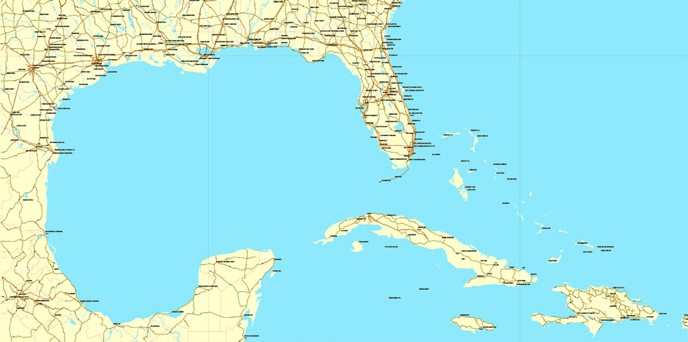 1000x498 Us South East Region Map Vector, Central America Caribbean