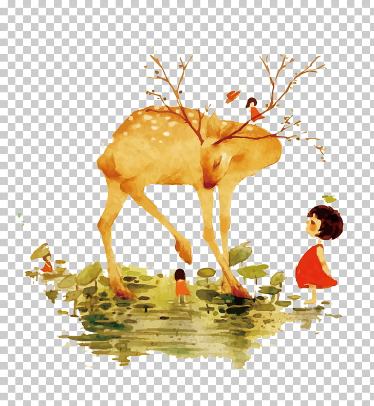 728x791 Sublimation Taobao Service Ceramic, Watercolor Deer And Girl Png