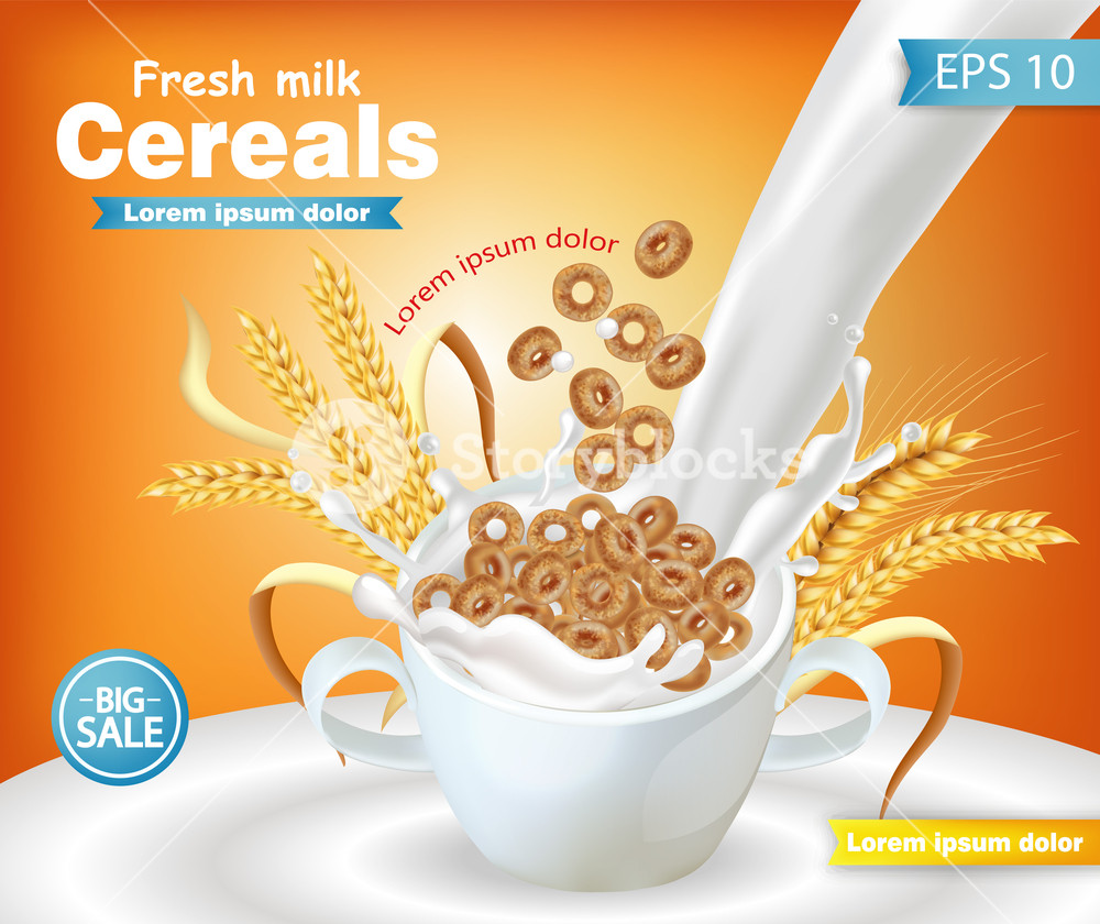 1000x840 Rye Cereals Bowl With Milk Splash Vector Realistic Mock Up