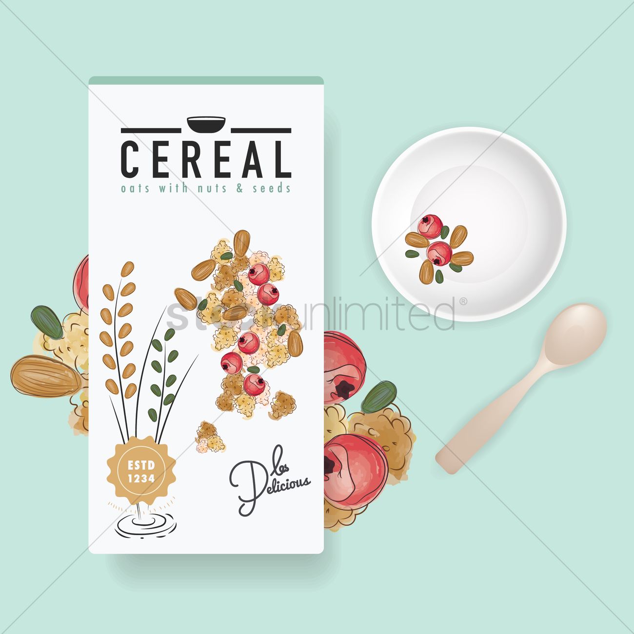 Flatlay Of Cereal Box And Bowl Vector Image 1300x1300 Flatlay Of Cereal Box And Bowl Vector Image