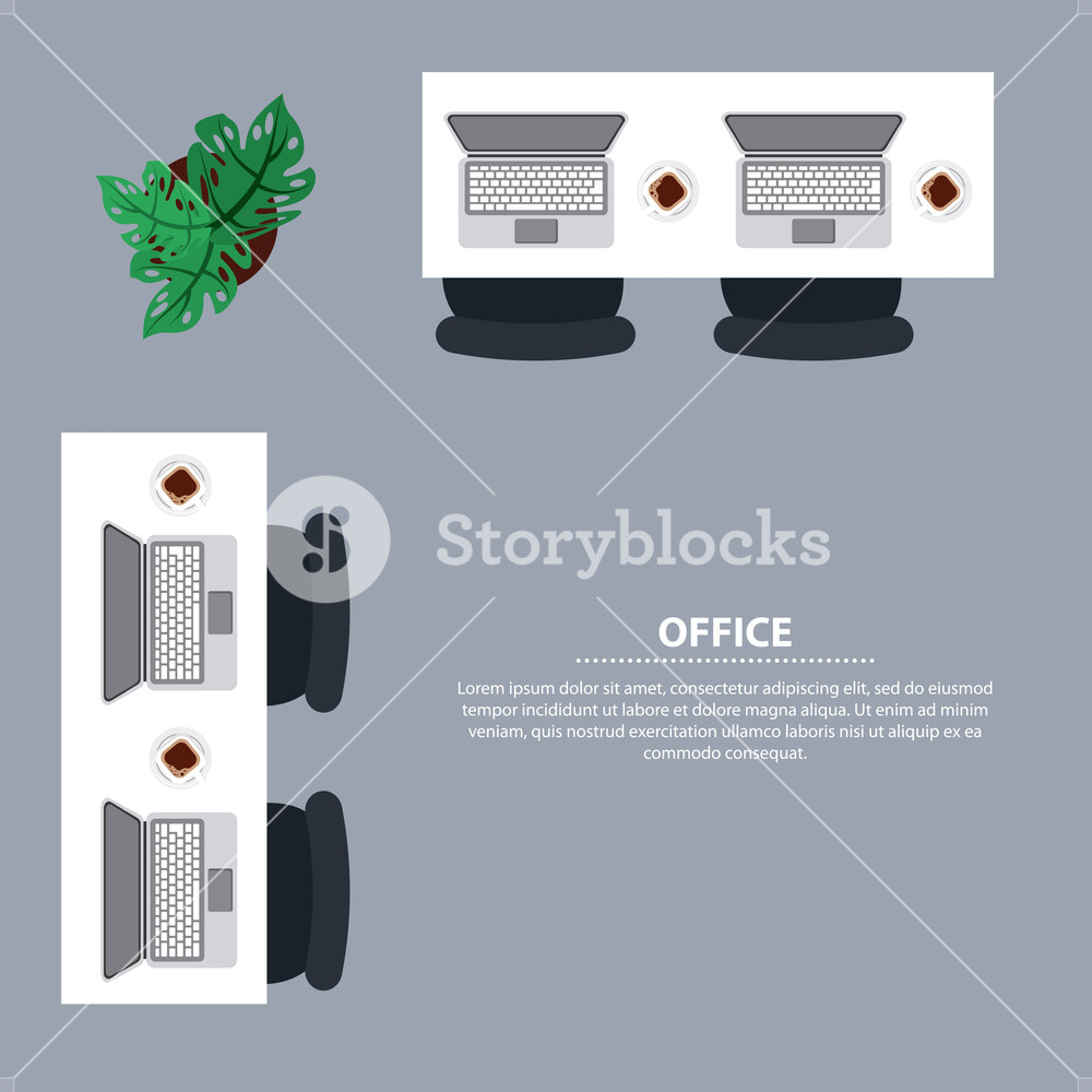 1000x1000 Top View Office Desk Laptop Computer Chair Coffee Cup Vector
