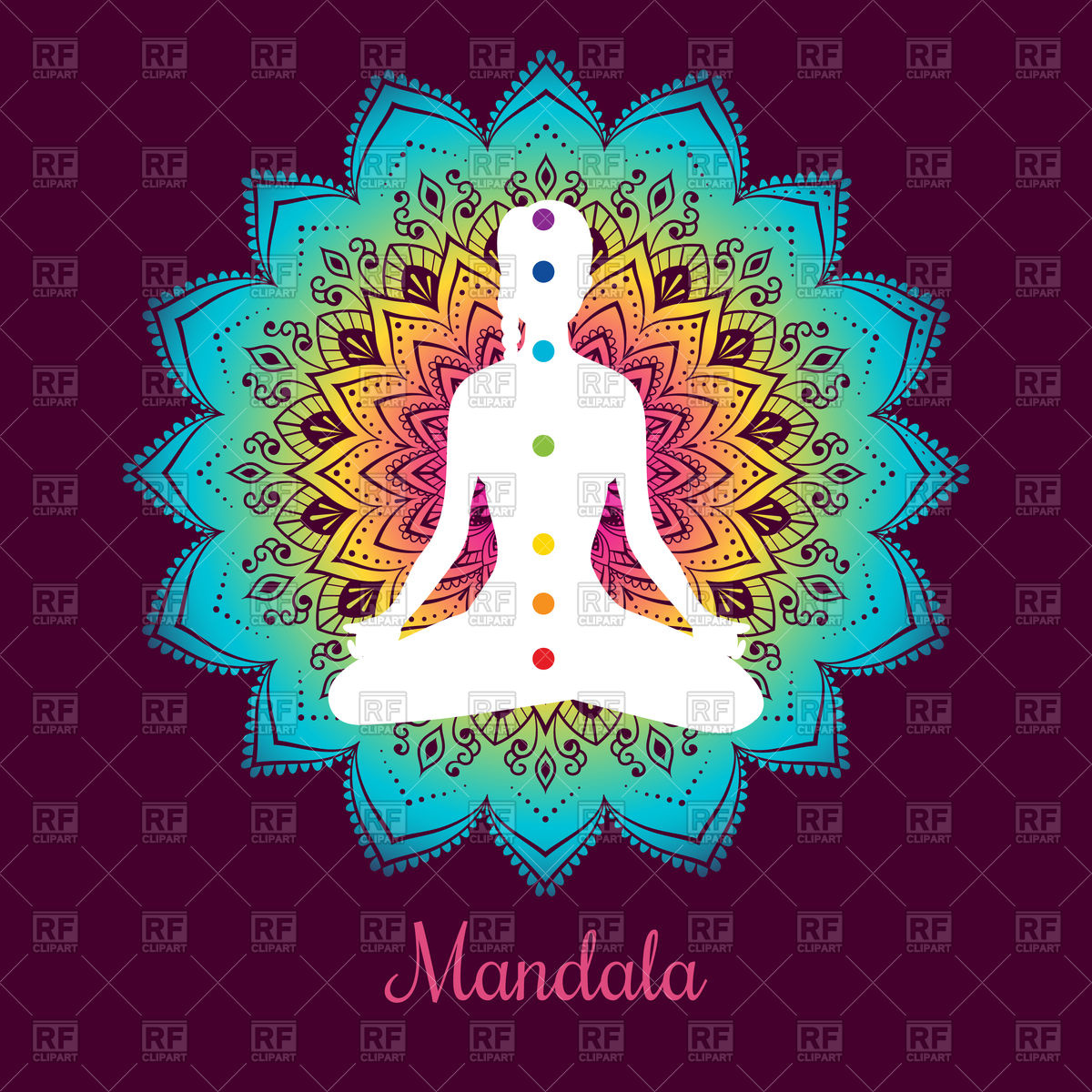 1200x1200 Colorful Mandala And Silhouette Of Woman With Chakras Vector Image