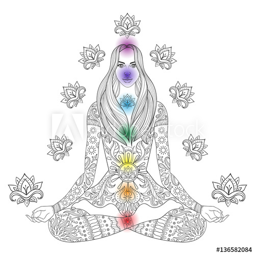 500x500 Girl Sitting In Lotus Pose With Chakras Vector Ornate Boho Wom