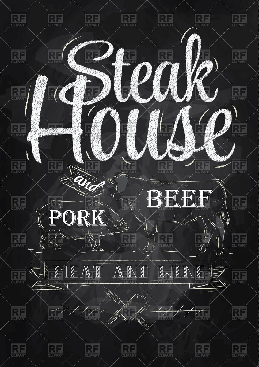 Poster Steak House Chalk Drawing With Pig And Cow Vector Image 845x1200 Poster Steak House Chalk Drawing With Pig And Cow Vector Image