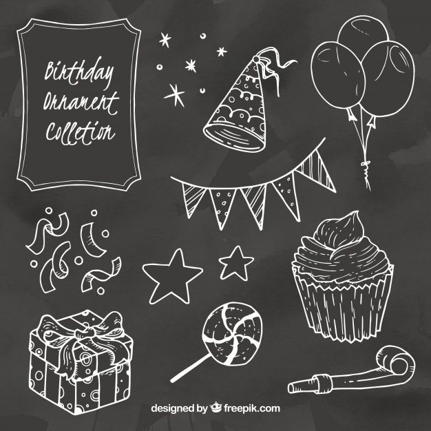 626x626 Collection Of Birthday Elements In Chalk Style Free Vector Sketch