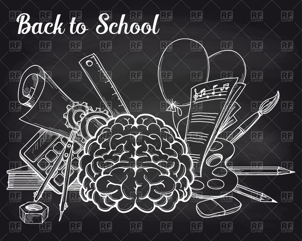 1200x960 School Objects And Brain On The Chalkboard Vector Image Of Science