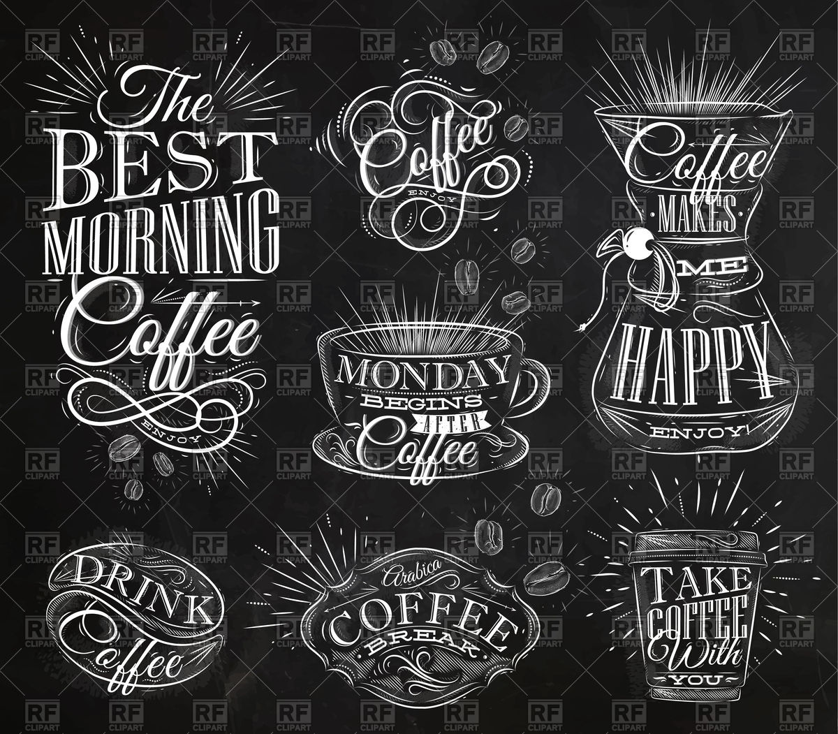 1200x1051 Set Of Coffee Signs Lettering Drawing On Chalkboard Vector Image