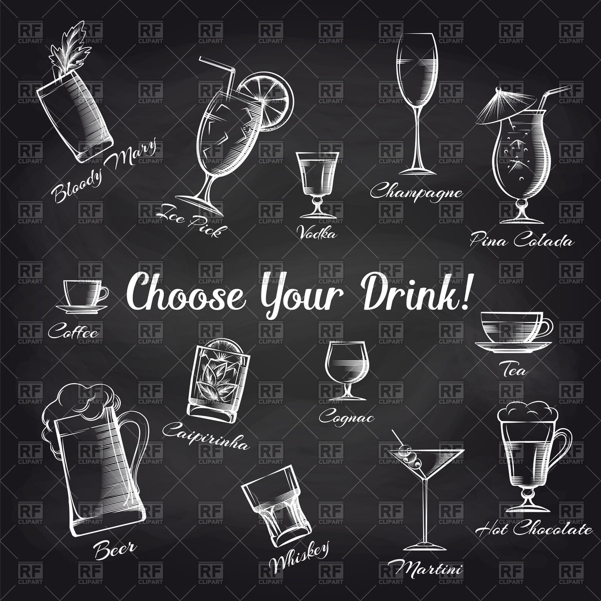 1200x1200 Hand Drawn Cocktails Set On Chalkboard Vector Image Of Food