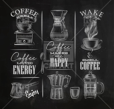 400x381 Set Of Coffee Symbols Drawing On Chalkboard Vector Image Of Food