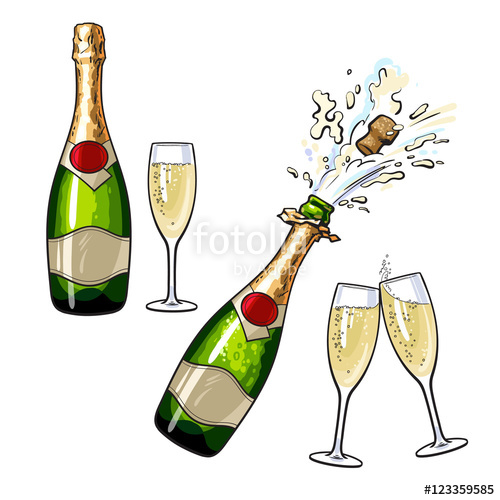 500x500 Champagne Bottle And Glasses, Set Of Cartoon Vector Illustrations