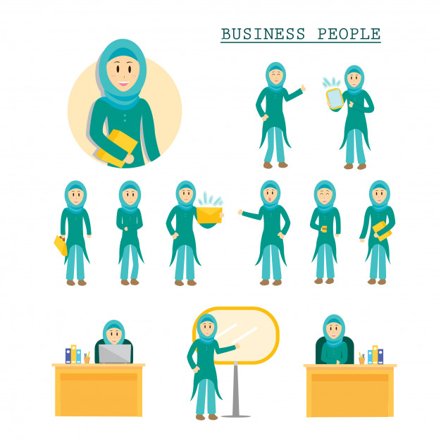 626x626 Set Of Business Muslim Woman Character Poses Illustration Vector