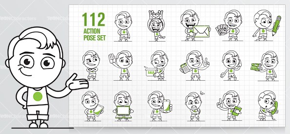 594x274 Boy Outline Vector Cartoon Character In A Set Of Poses