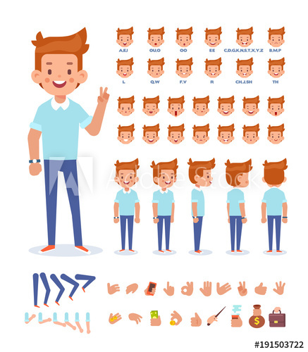 437x500 Young Man Vector Character Front, Side, Back View Creation Set