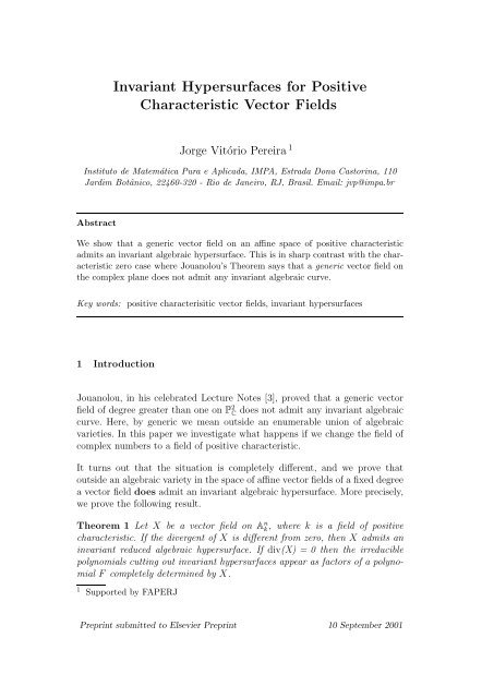 453x640 Invariant Hypersurfaces For Positive Characteristic Vector Fields