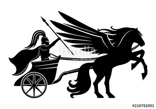 500x349 Pegasus And An Ancient Warrior With A Spear In His Chariot Stock