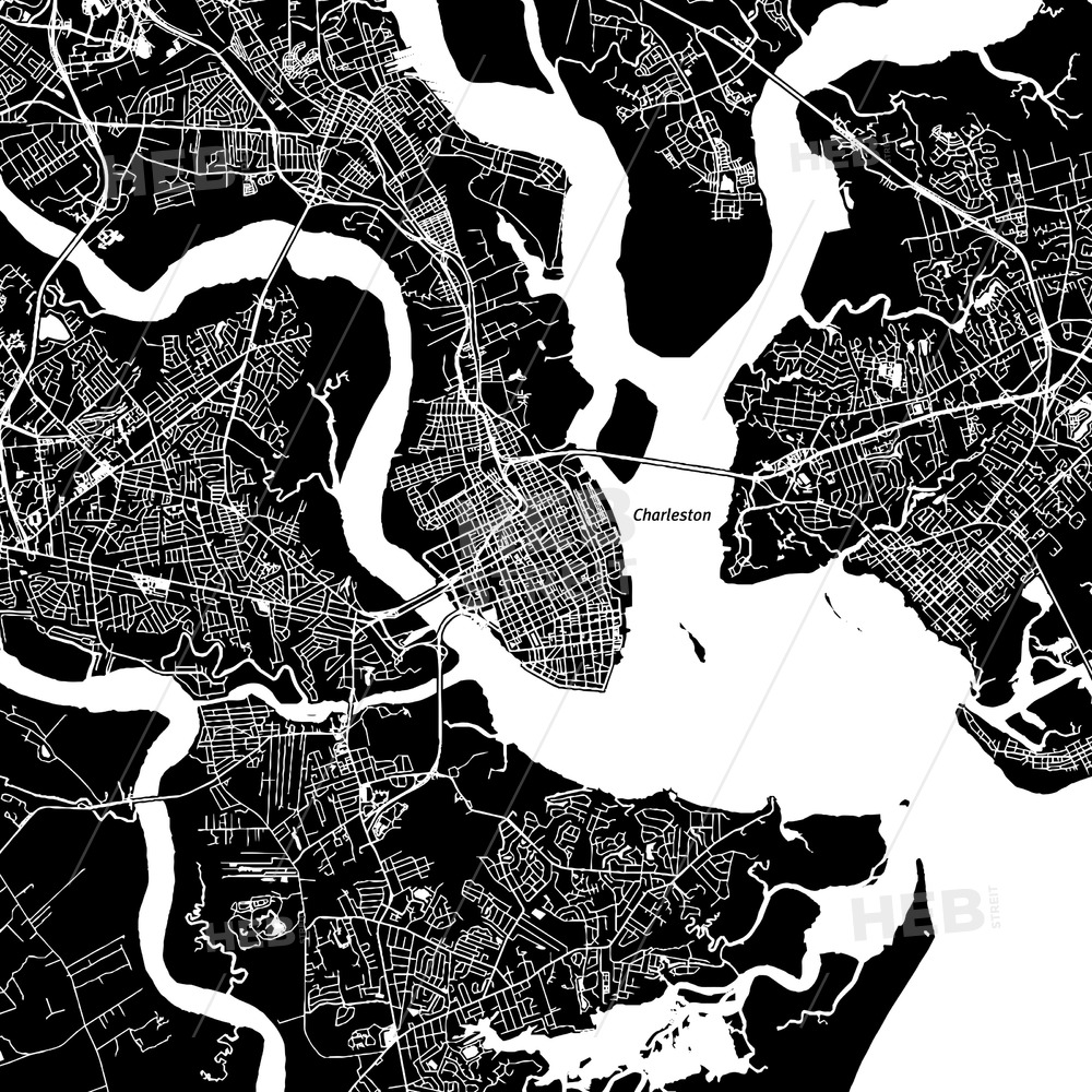 1000x1000 Charleston, South Carolina, Downtown Map, Dark Hebstreits Sketches