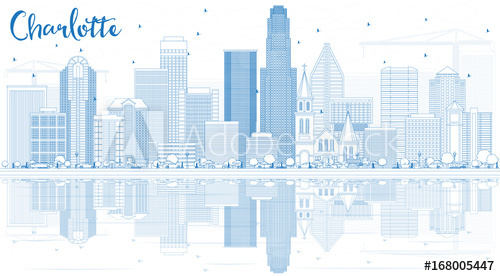 500x276 Outline Charlotte Skyline With Blue Buildings And Reflections