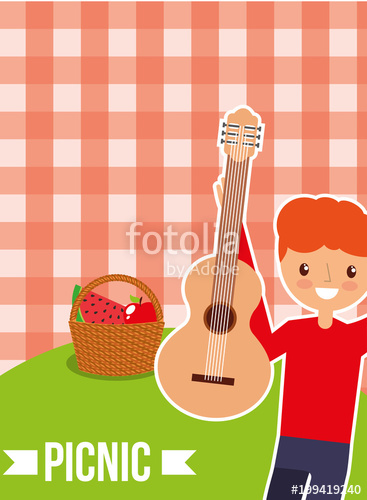 367x500 Happy Man With Guitar And Basket With Picnic Checkered Tablecloth