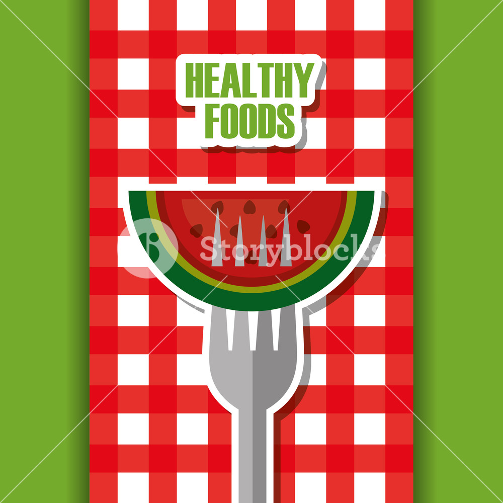 1000x1000 Watermelon On Fork Healthy Foods Checkered Tablecloth Vector