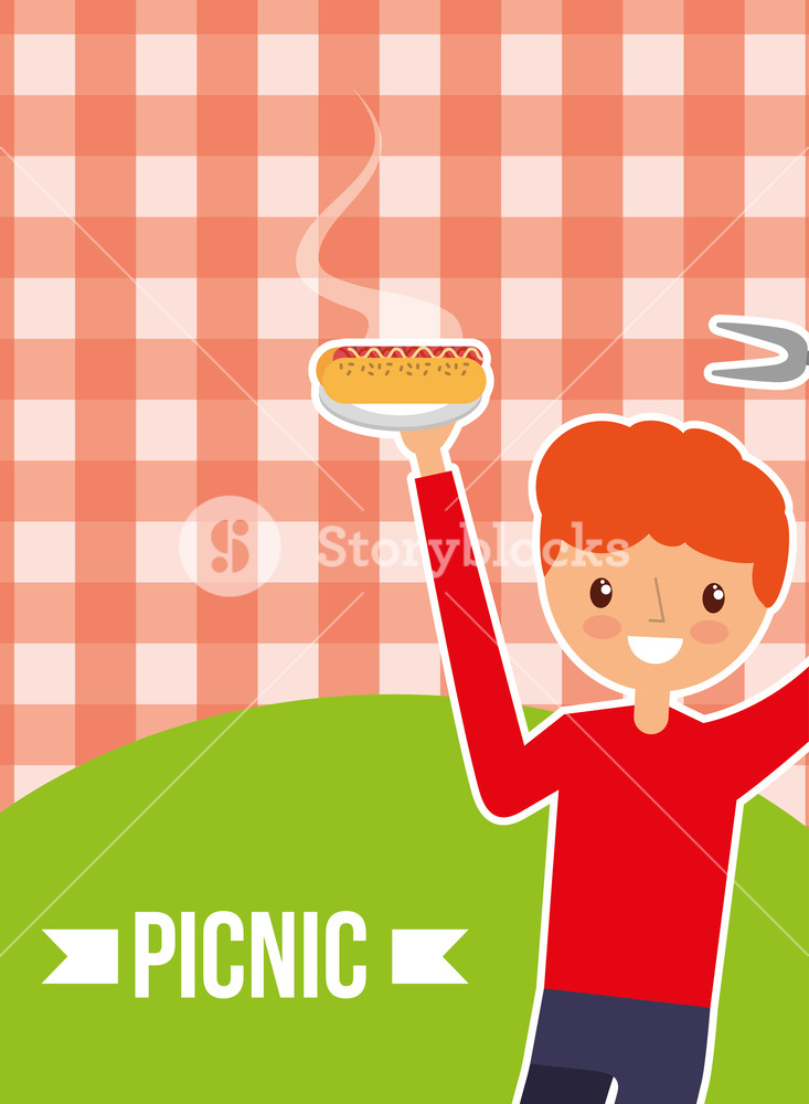 733x1000 Young Man Holding Hot Dog With Picnic Checkered Tablecloth Vector