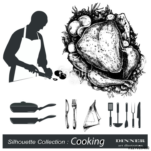 500x500 Chef Silhouette Collection Hand Drawn Illustration Dinner Stock
