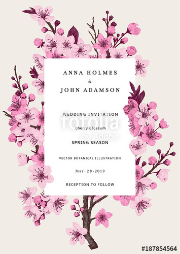 Sakura Wedding Invitation Pink Cherry Blossom Branch Vector 355x500 Sakura Wedding Invitation Pink Cherry Blossom Branch Vector