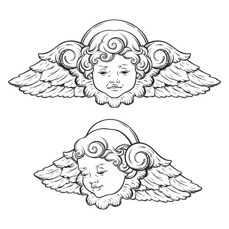 450x450 Cherub Cute Winged Curly Smiling Baby Boy Angel Set Isolated Over