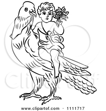 450x470 Clipart Outlined Cherub With Flowers On A Dove