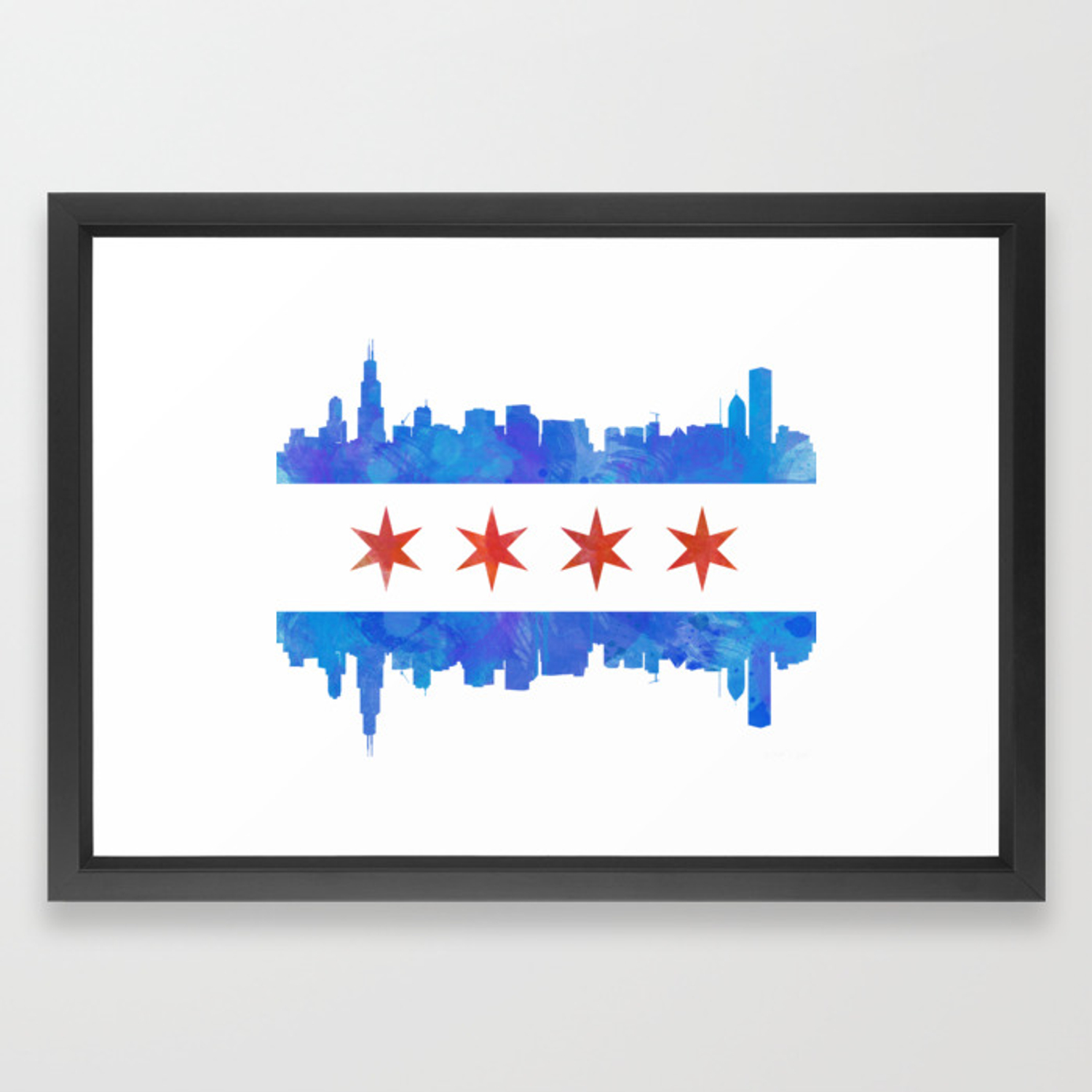 1500x1500 Chicago Flag Skyline Watercolor Framed Art Print