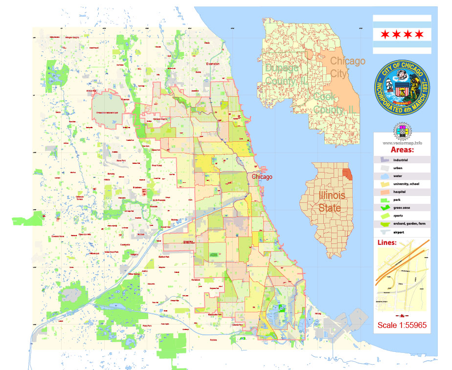 924x757 Chicago Map Exact City Plan Editable Adobe Illustrator Street Map