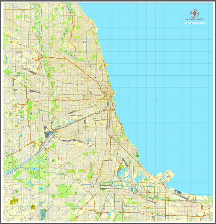 746x773 Chicago, Illinois, Us, Printable Exact Vector Map In Adobe Pdf