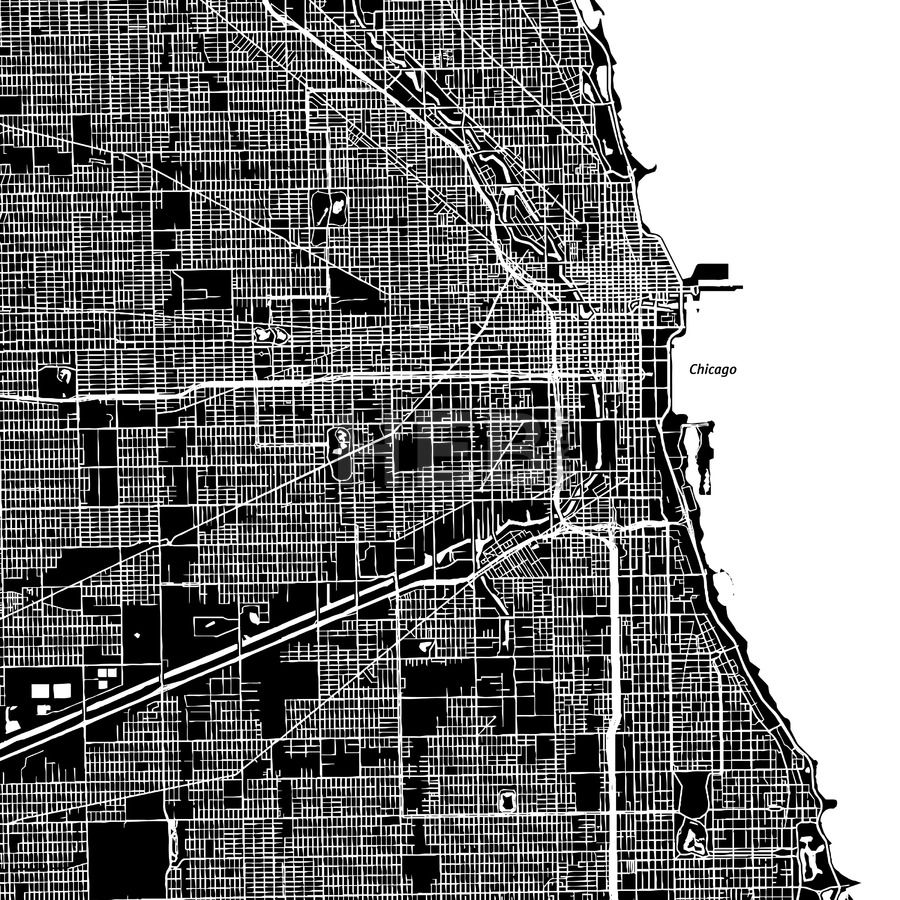 900x900 Chicago, Illinois, Downtown Map, Dark Cute Decor Map Vector