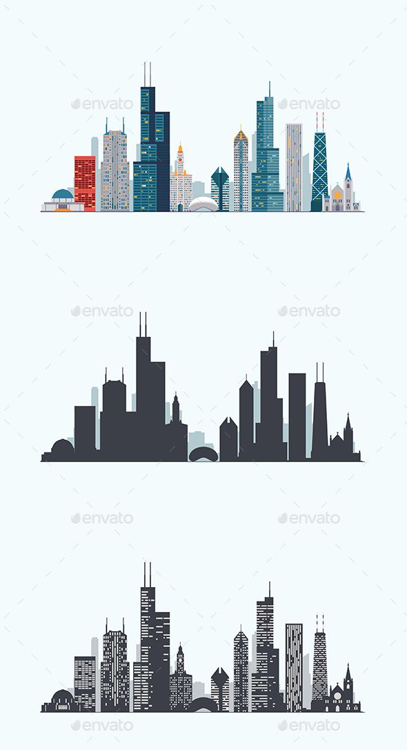 590x1086 Chicago Skyline Detailed Silhouette Vector Flat Illustrations