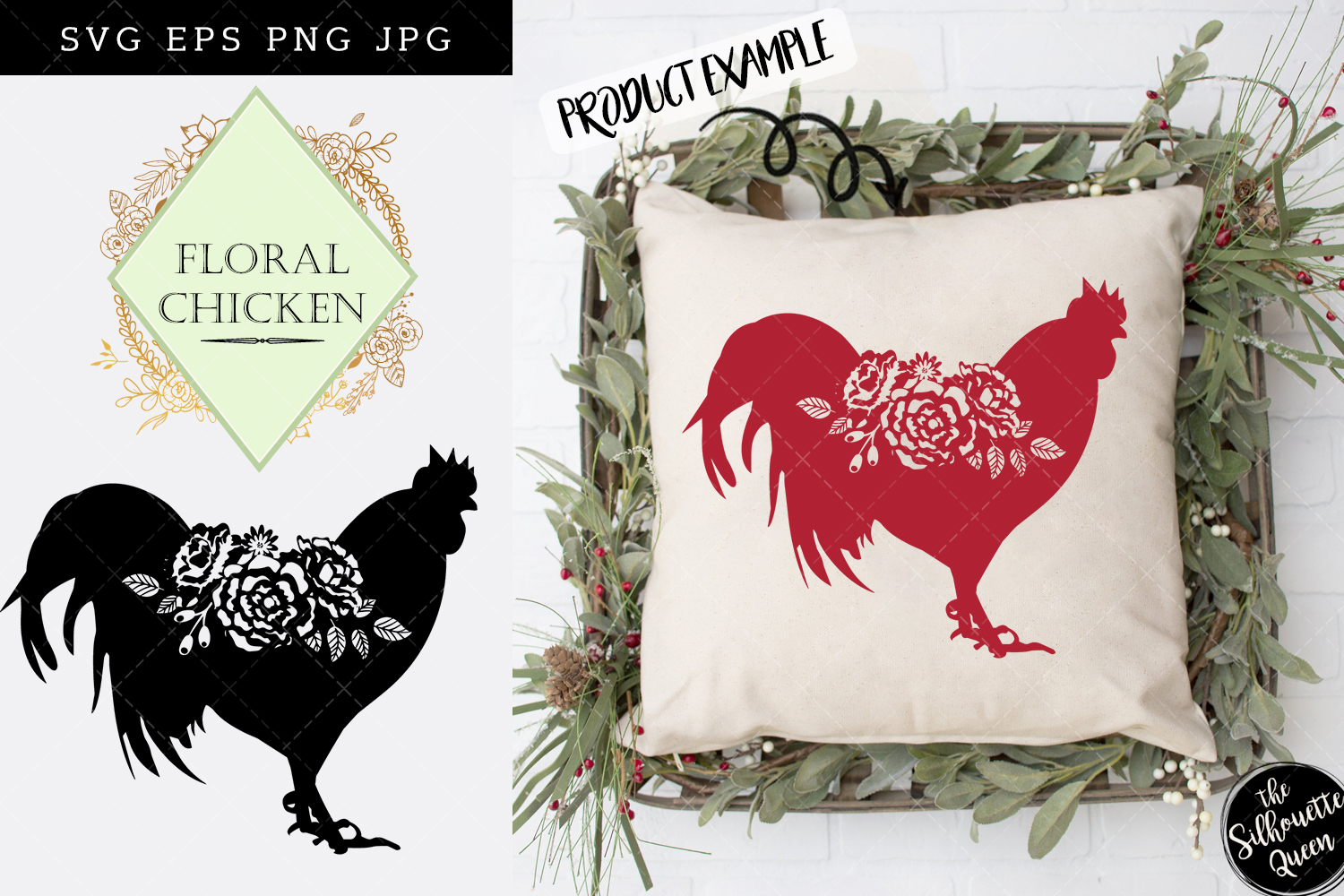 Floral Chicken Silhouette Vector Graphic 1500x1000 Floral Chicken Silhouette Vector Graphic