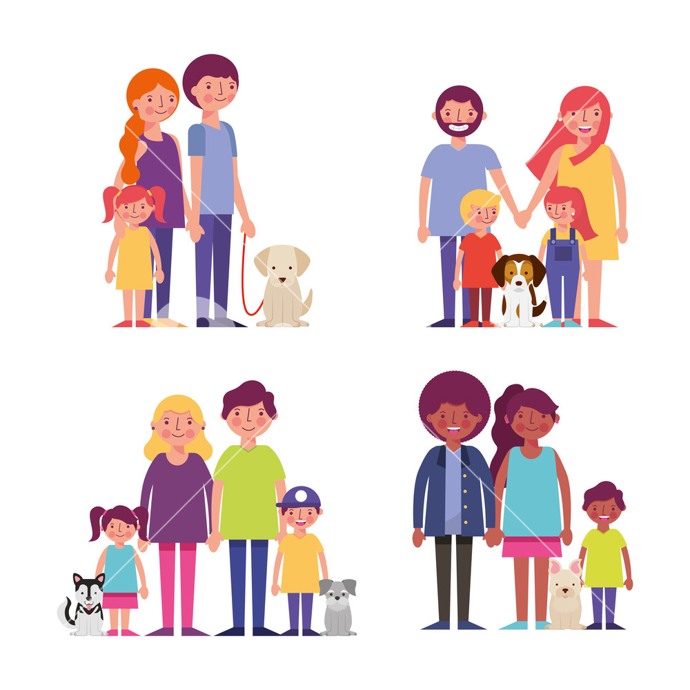 Smiling Family Enjoying With Childrens Dogs Holding Hands Vector 1000x1000 Smiling Family Enjoying With Childrens Dogs Holding Hands Vector