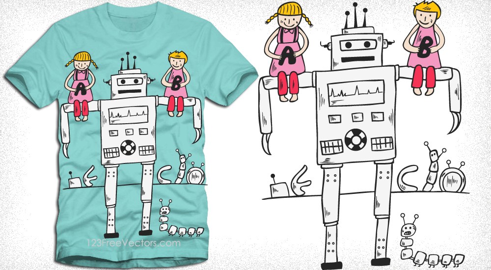 Cute Cartoon Children Playing With Robot T Shirt Design Vector 1000x550 Cute Cartoon Children Playing With Robot T Shirt Design Vector