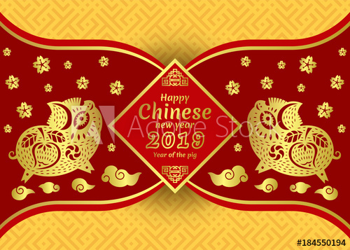 Happy Chinese New Year Card With Twin Gold Pig Zodiac Sign 500x357 Happy Chinese New Year Card With Twin Gold Pig Zodiac Sign