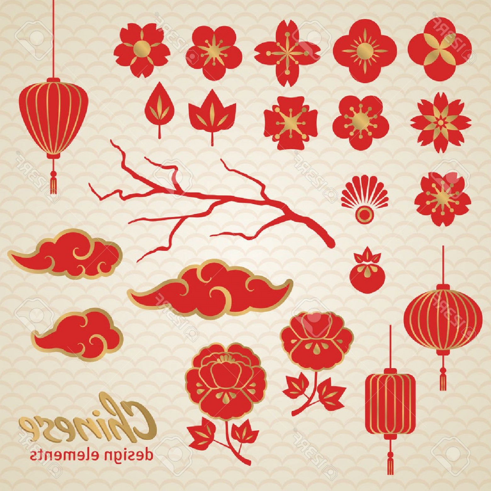 1560x1560 Photostock Vector Chinese Decorative Icons Clouds Flowers