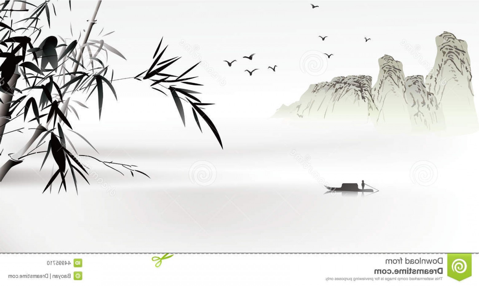 1560x931 Stock Illustration Chinese Painting Landscape Lake Bamboo Image