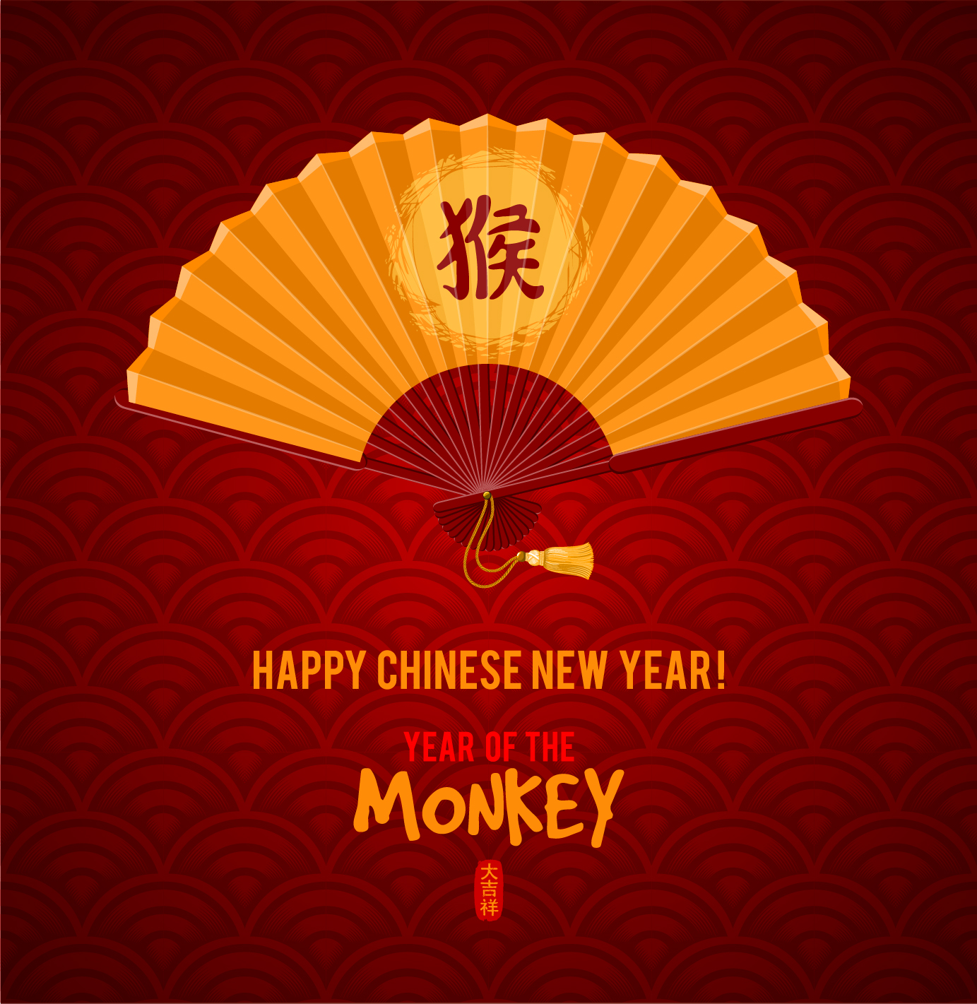 1383x1421 Golden Fan With China Monkey New Year Vector Background Free
