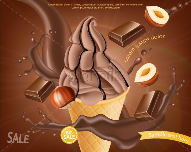 623x497 Chocolate Ice Cream Cone Vector Realistic Dark Chocolate Splash