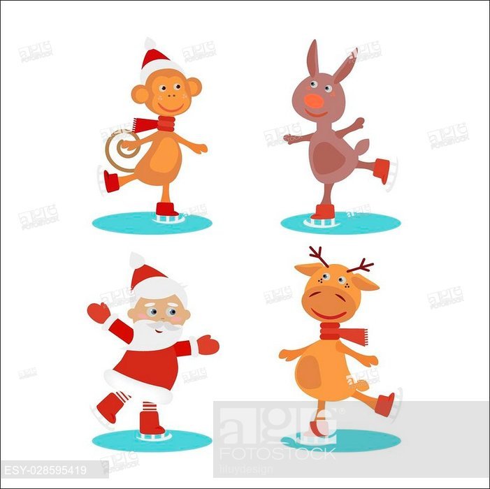 Set Of Cute Cartoon Christmas Animals Skates On Snow, Stock Vector 701x700 Set Of Cute Cartoon Christmas Animals Skates On Snow, Stock Vector