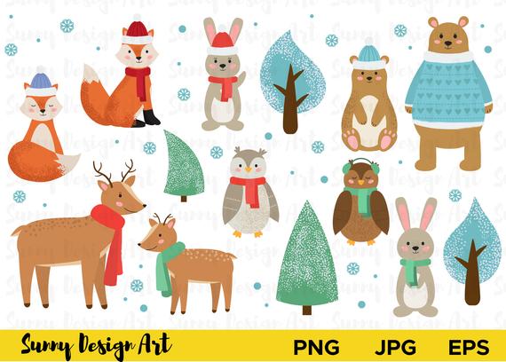 Winter Animals Clipart Cute Forest Animals Vector Woodland Etsy 570x408 Winter Animals Clipart Cute Forest Animals Vector Woodland Etsy