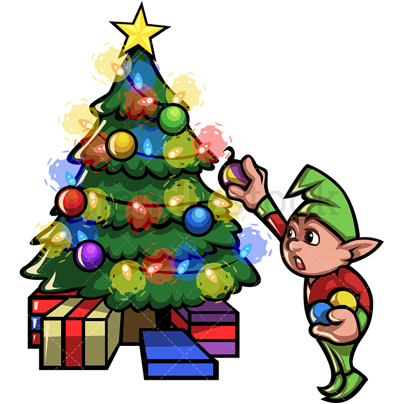 800x800 Elf Decorating Christmas Tree Cartoon Vector Clipart