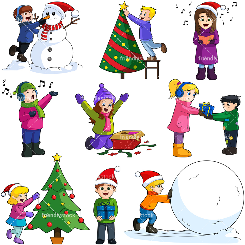 800x800 Kids At Christmas Cartoon Vector Clipart